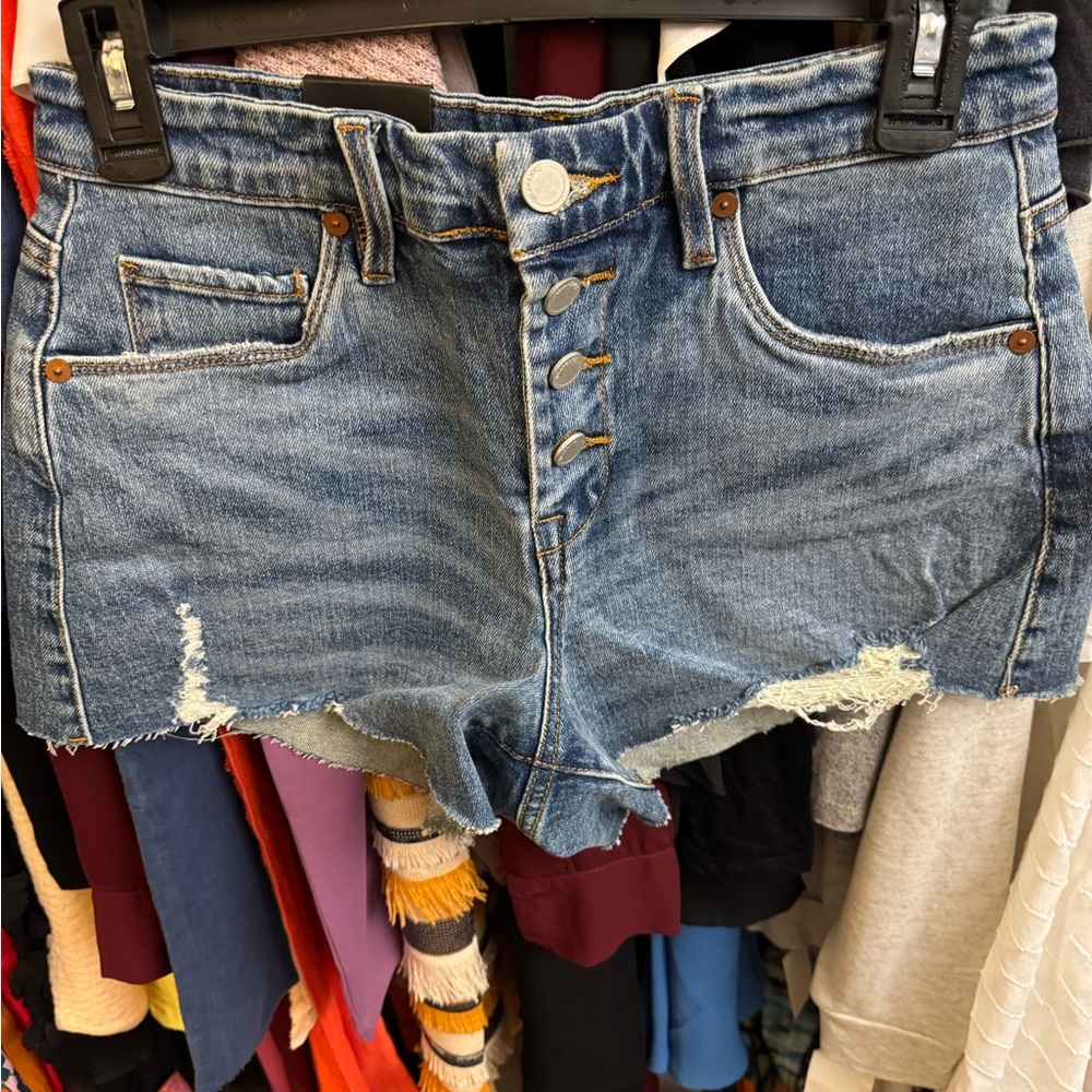 Blank NYC Blue Distressed Jean Shorts with Raw Hem